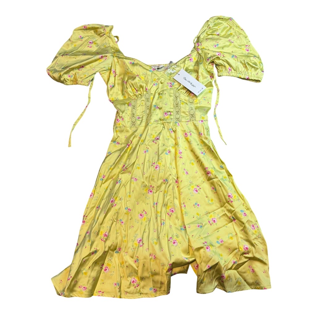 Miss Selfridge Yellow Ditsy Floral Satin Mini Tea Dress Puff Sleeve US 2 NEW